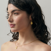 13th wedding anniversary Citrine and Gold Artisan pendant on gold necklace as worn  | Lily Gardner London