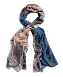Silk wool blue silk photo scarf -'Santa Catalina'