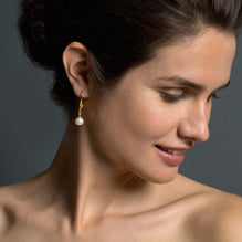 12th Wedding Anniversar Gold/Pearl Single Drop Earrings as worn | Lily Gardner