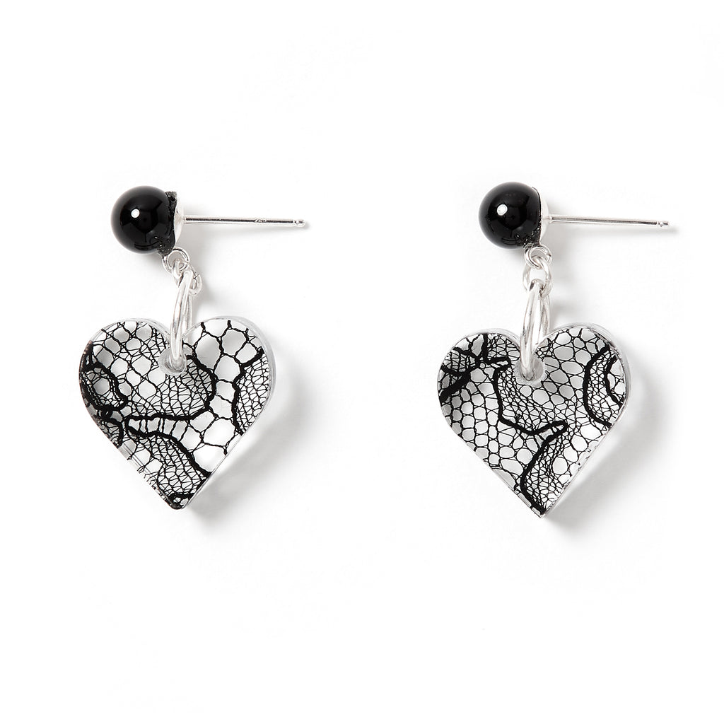 black lace in resin heart shaped earrings with onyx bead | Lily Gardner