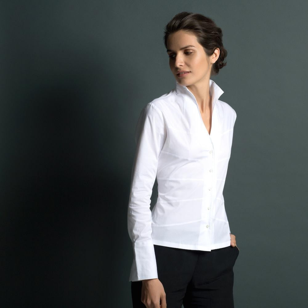 Collarless Fitted Classic White Cotton Shirt As Worn – ‘Audrey’ | Lily Gardner