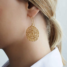 50th Wedding Anniversary Large Round Matt Gold Filigree Earrings As Worn | Lily Gardner London