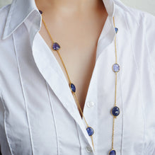 Tanzanite Stone and Gold Chain Necklace for 14th Wedding Anniversary  Long On Model | Lily Gardner London 
